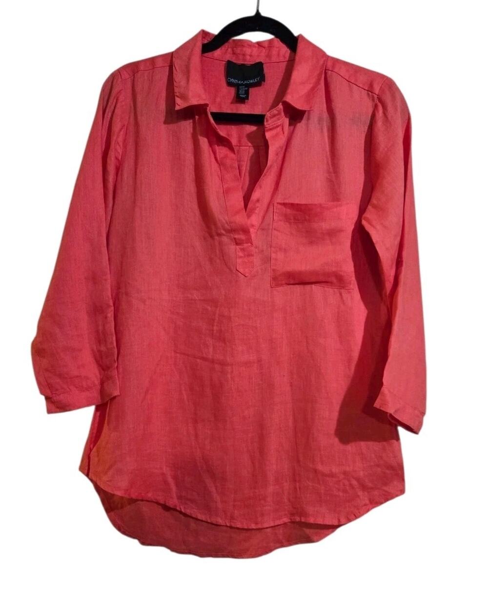 Cynthia Rowley Women’s Coral Linen Shirt Sz XS Popover Blouse 100% Linen Pocket